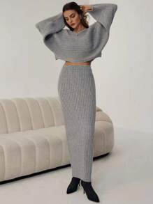 Firerie 2pcs Women's Asymmetrical Shoulder Asymmetrical Sweater Top And Midi Skirt Set