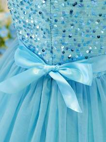 SHEIN Tween Girls Elegant Luxurious Blue V-Neck Sleeveless Dress, Suitable For Formal Occasions Like Parties, Weddings, Christmas, Halloween, Thanksgiving - Blue - View 3