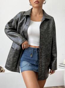 SHEIN EZwear Áo khoác da thường ngày cổ điển có túi kép, mùa thu & mùa xuân - màu đen - Xem 5