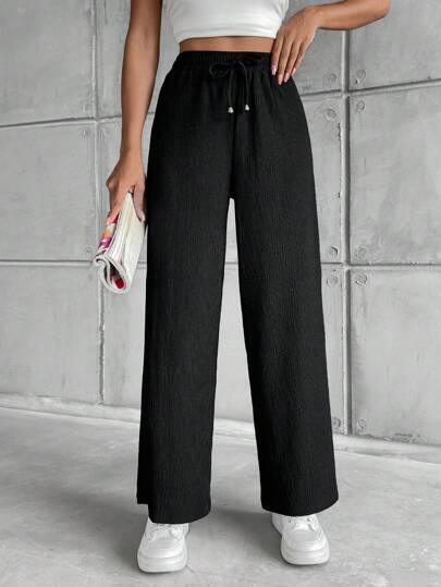 EURMUSE Women's Petite Solid Elastic Waist Strap Wide Leg Pants