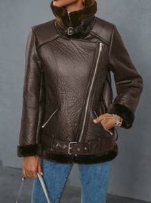 SHEIN Privé Women's Vintage Style Stand Collar Zip-Up Long Sleeve Charming Jacket Faux Leather Aviator Jacket With Borg Lining 