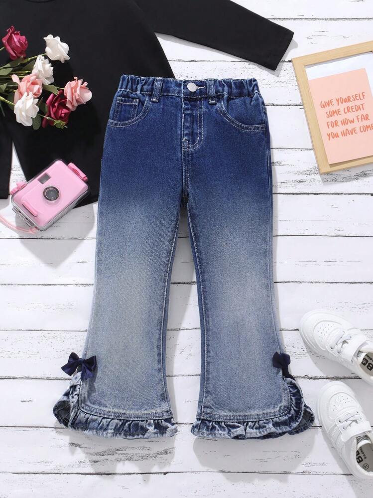 Ninas pequenas Pantalones vaqueros elegantes y casuales con volantes en el bajo gradiente y lazo Moda de Mujer SHEIN Mexico