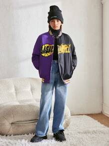 Tween Girls' Baseball Collar Oversized Casual Contrast Color Print Long Sleeve Jacket Sweatshirt - Multicolor - View 4