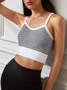 SHEIN Sports Contrast Striped Fitted Cropped Sports Camisole - Black and White - View 1
