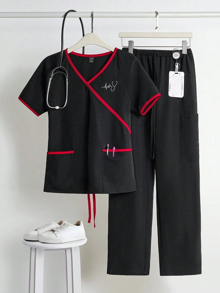 TaskEZ 短袖上衣和長褲對比邊緣制服套裝