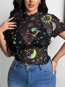 SHEIN Essnce 大码女式夏季休闲修身性感透视上衣 T 恤、可爱夏季上衣、曲线上衣、女装、图案 T 恤、夏季短款上衣、黑色上衣、上衣、外出上衣、Y2K、万圣节服装、湿衬衫 - 黑色 - 查看 1