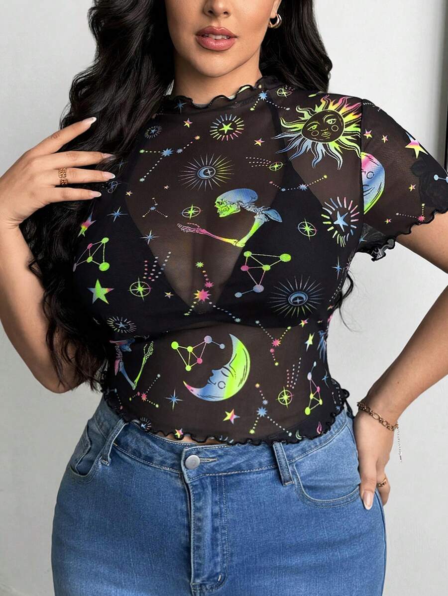 SHEIN Essnce 大码女式夏季休闲修身性感透视上衣 T 恤、可爱夏季上衣、曲线上衣、女装、图案 T 恤、夏季短款上衣、黑色上衣、上衣、外出上衣、Y2K、万圣节服装、湿衬衫 - 黑色 - 查看 1