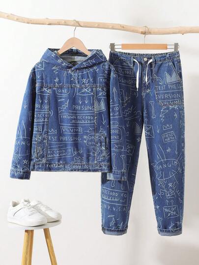 Modisches Outfit für Teenager Jungen mit Blume Muster Denim
