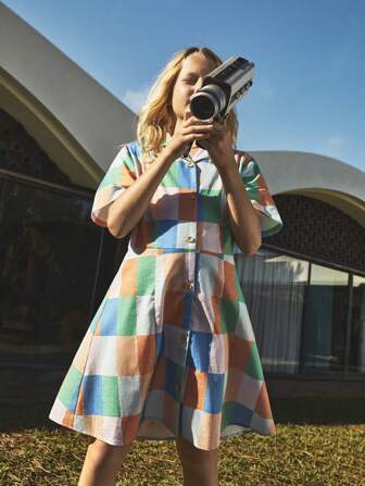 THE HAPPY LOOK 青少年女孩春夏彩色格子衬衫领短袖腰休闲度假衬衫连衣裙返校季