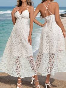 SHEIN Privé Elegant Floral Heavy-Duty Hollow Out Weave & Pressed Flower Decoration Spaghetti Strap Backless Dress, Ideal For Beach Vacation,Slim Waist Design Waist Spaghetti Strap Ruched Slim Fit Long Dress ,Back To School Long Dress ,Hawaiian Long Dress,Vintage Clothes Teacher Dress For Summer And Autumn,Vacation, Dating