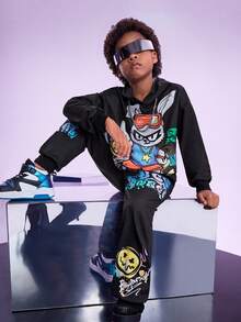 2pcs/Set Tween Boys Graffiti Printed Hoodie And Sweatpants Set - Multicolor - View 7