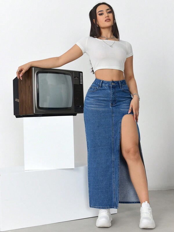 Women's Solid Color Casual Split Denim Skirt