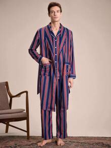 EverLounge Men's Striped Printed Pockets Front Button Belted Long Sleeve Robe - Multicolor - View 7