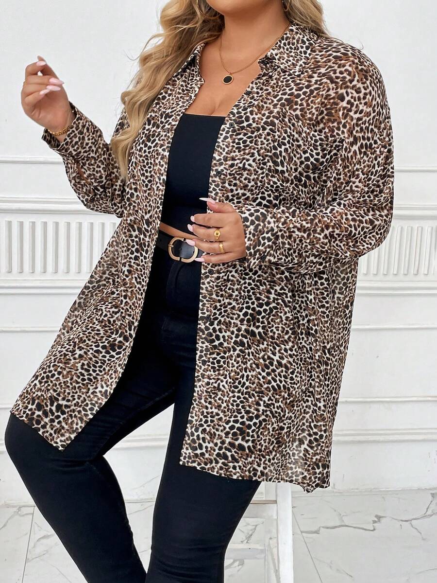 SHEIN CURVE+ Curve Plus 满版印花雪纺长款衬衫（无腰带） - 彩色 - 查看 1