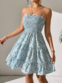 Breezaya Women's Delicate Strap Backless Ruffle Hem All-Over Ditsy Floral Elegant Chic Dress - Baby Blue - View 5