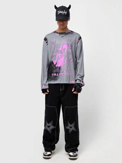 ROMWE Avant Men's Spring & Autumn Casual Cross, Cartoon Character & Letter Printed Long Sleeve T-Shirt, School