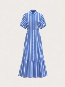 SHEIN Privé Blauw-wit gestreepte lange damesjurk met ruches aan de mouwen