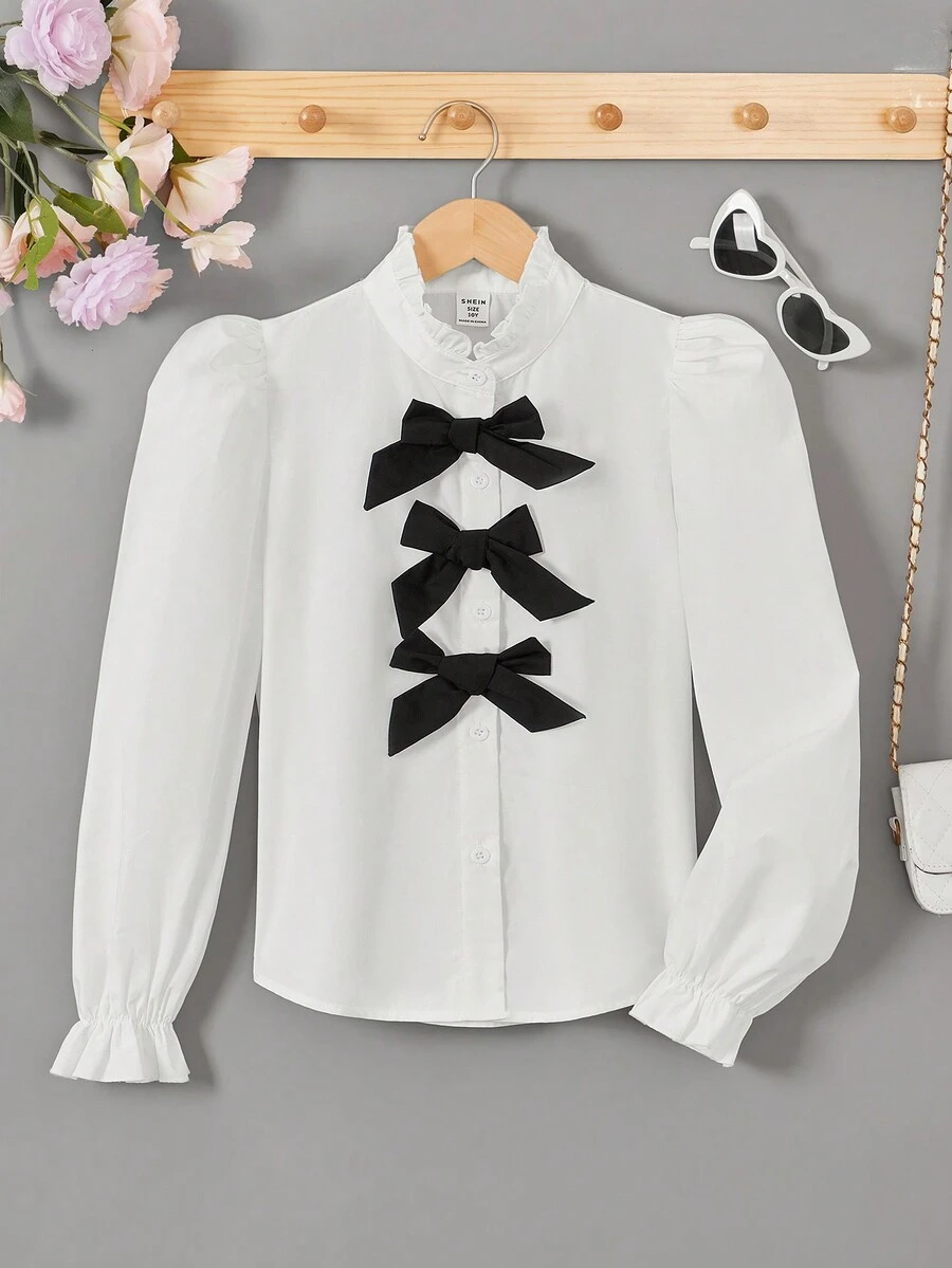 SHEIN Tween Girl Loose Fit Colorblock Bow Decor Elegancka biała bluzka z kołnierzykiem z falbanką, długi rękaw - Czarne i Białe - Zobacz 1
