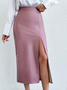EURMUSE Solid Color Thigh High Slit Skirt - Pink - View 3