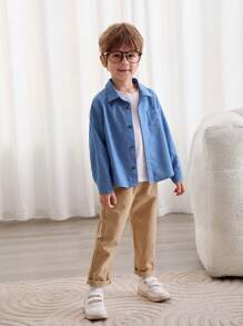 Cozy Pixies Camisa casual de unicolor con solapa, hombros caídos y bolsillo parche para niño joven