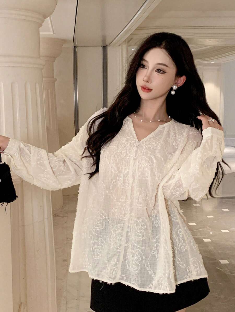 DAZY 纯色纹理宽松长袖女式衬衫，荷叶边透视，秋季服装 - 米色 - 查看 1