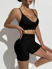 Slayform Áo dây mảnh màu trơn và quần short liền mạch tập yoga cho nữ Bộ đồ tập cho nữ Bộ đồ tập gym cho nữ - màu đen - Xem 4