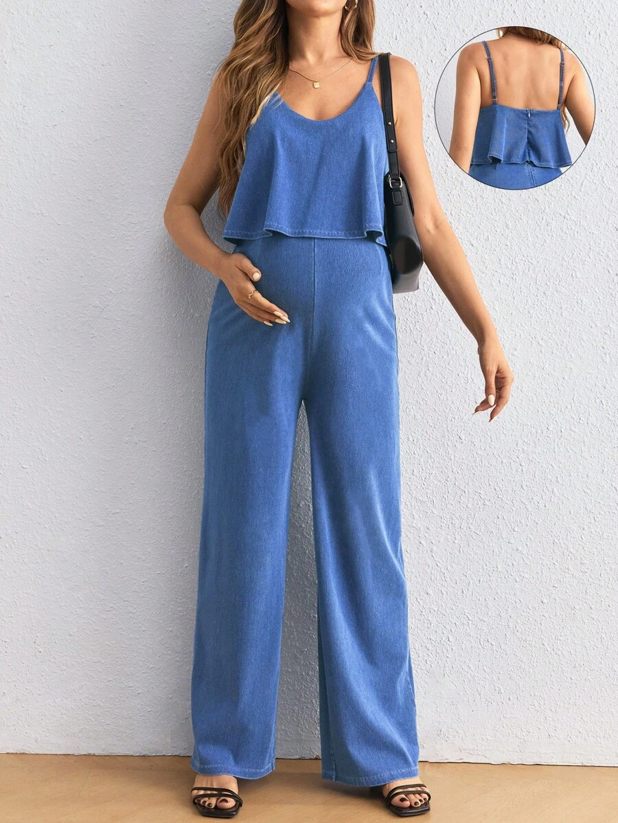 SHEIN Peto holgado de maternidad en denim, mono con camisola azul - Azul - Ver 1