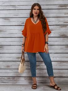 EMERY ROSE Plus Size Women's  Vacation Casual Dark Blue Mom Shirts With Ruffled Sleeves For Summer