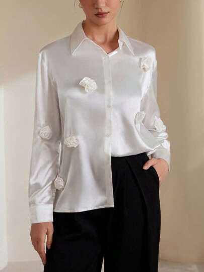 Chiquease Women's French Satin Embroidered 3D Floral Long Sleeve Blouse Fall Cloth For Women