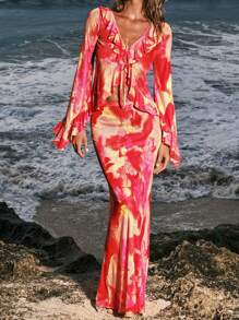 Opulessa Vacation Multi-Print Women's Flare Sleeve Top With Ruffle Hem, Long Sleeve