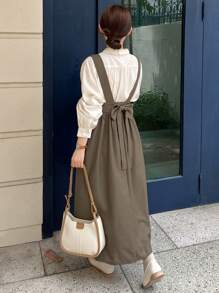 DAZY Đầm dài xếp ly kiểu dáng thường ngày, dây đeo bản rộng, trang trí nơ dành cho nữ. - Lạc đà - Xem 5