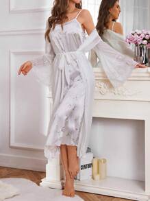 女士花卉印花吊带睡袍，配有蕾丝花边喇叭袖睡袍睡衣套装 - 白色 - 查看 1