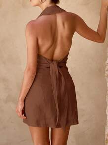 SHEIN Frenchy Khaki 100% Cotton Mini Dress, Backless Butterfly Dress, Cotton Women's Dresses, Strapless Vest Dress, Backless Dress, This Dress Features A Backless Design And Is Made From 100% Cotton, Making It An Ideal Casual Choice For A Summer Holiday - Coffee Brown - View 2