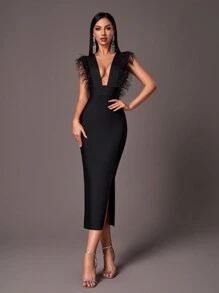 Glamrae 优雅深 V 领羽毛装饰高腰修身紧身绷带礼服，黑色舞会晚礼服，适合婚礼嘉宾、毕业典礼、晚宴