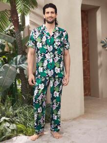Men's Notched Collar Button-Front Allover Print Short Sleeve Top And Pants Pajama Set - Black - View 1