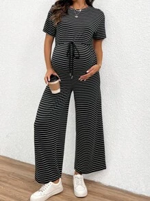 SHEIN Round Neck Striped Printed Drawstring Maternity Jumpsuit With Short Sleeves, Summer - Black and White - View 4