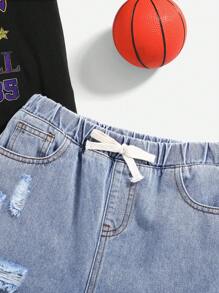 SHEIN Tween Boys' 2pcs/Set Cool Basketball Graphic Black T-Shirt And Ripped Frayed Loose  Denim Blue Shorts Set ,For Back To School Two-Piece Set - Multicolor - View 5
