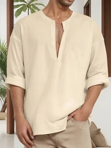 大码男士休闲深 V 领纯色假日衬衫 - 杏色 - 查看 3