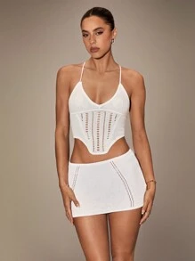 SHEIN BAE Low Waist Short Solid Color Women's Sweater Skirt - White - View 1