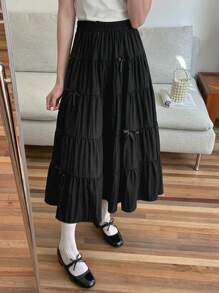 DAZY 女士层叠荷叶边蝴蝶结下摆优雅时尚A字裙 - 黑色 - 查看 6