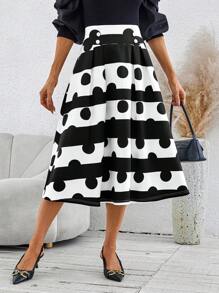 SHEIN Clasi Women's Casual Full-Print Umbrella Skirt, Autumn - Black and White - View 6