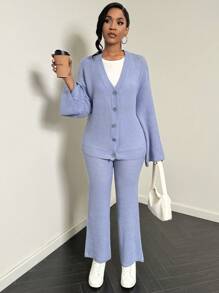 Zolique 女士毛衣两件套针织开衫长袖纽扣宽松女毛衣裤女裤子中长款宽松蓝色性感套装朋友聚会四季秋冬女装 - 淺藍色 - 查看 4