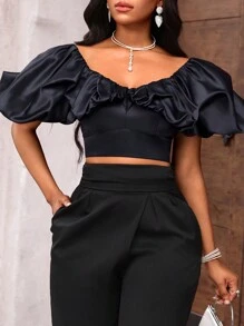 SHEIN Lady Zwarte mode-bubbelde crop-top voor dames