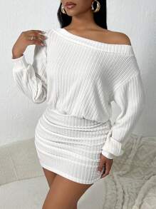 SHEIN SXY Off-Shoulder Furry White Dress - White - View 7