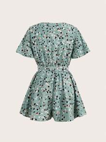 SHEIN Frenchy Summer V Neck Belted Romper Allover Print Drawstring Waist Jumpsuit For Vacation & Leisure Gold Embellished Buckle Belt, Waist Closed Leopard Point One-Piece Culottes Bridgerton Flower Green - Mint Green - View 2