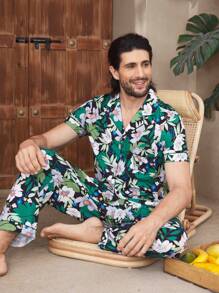Men's Notched Collar Button-Front Allover Print Short Sleeve Top And Pants Pajama Set - Black - View 7