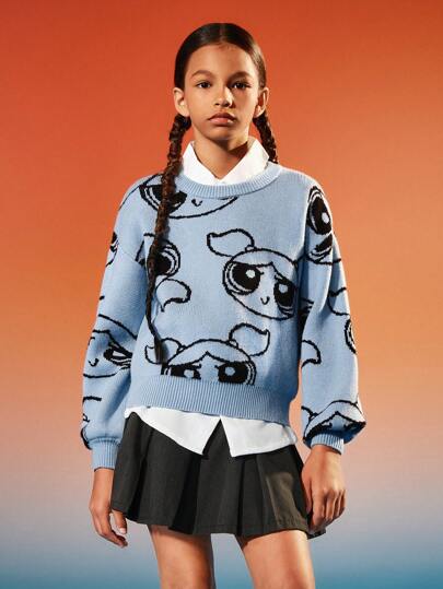 THE POWERPUFF GIRLS X SHEIN Tween Girl 休闲百搭蓝色泡泡图案毛衣
