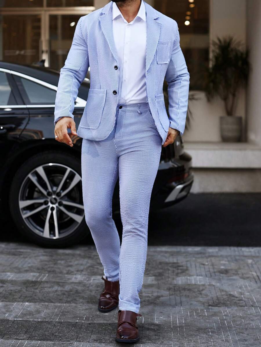 Manfinity Mode Men's Notched Collar Pocket Long Sleeve Top And Pants Suit - Blue and White - View 1