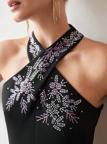 MOTF PREMIUM RHINESTONE DETAIL CRISSCROSS HALTER NECK BLOUSE - Black - View 3