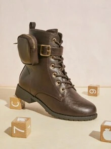 Mini mi 儿童时尚棕色系带战斗靴，带可拆卸袋，灵感来自 Proda，时尚，适合任何冒险 - 棕色 - 查看 2